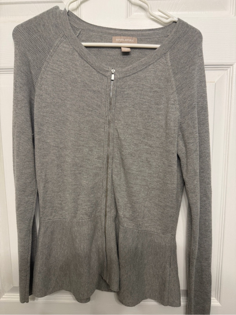 Banana Republic Light Gray Zip-Front Peplum Cardigan